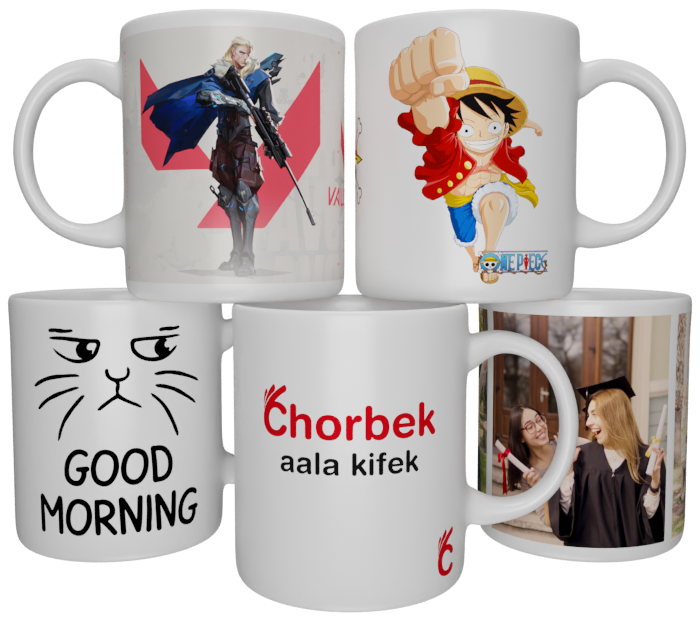 Ensemble de mugs personnalisés représentant des collections d'anime, gaming et vibes